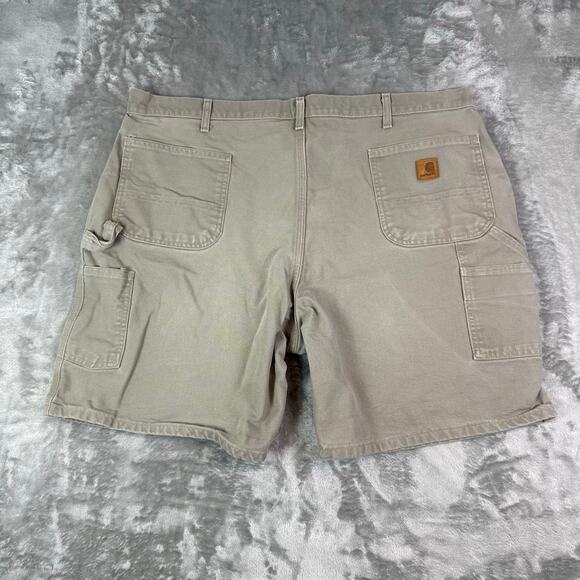 VTG Carhartt B25 DES tan duck canvas carpenter shorts leather patch mens 42 - Picture 2 of 6